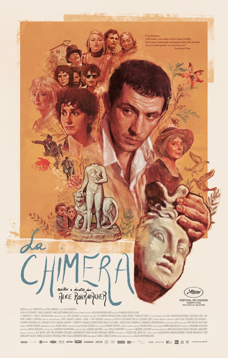 Illustrated movie poster for La Chimera featuring a pensive man surrounded by various characters, artifacts, and a statue, with warm earthy tones and handwritten title. Cannes Film Festival logo appears at the bottom right.