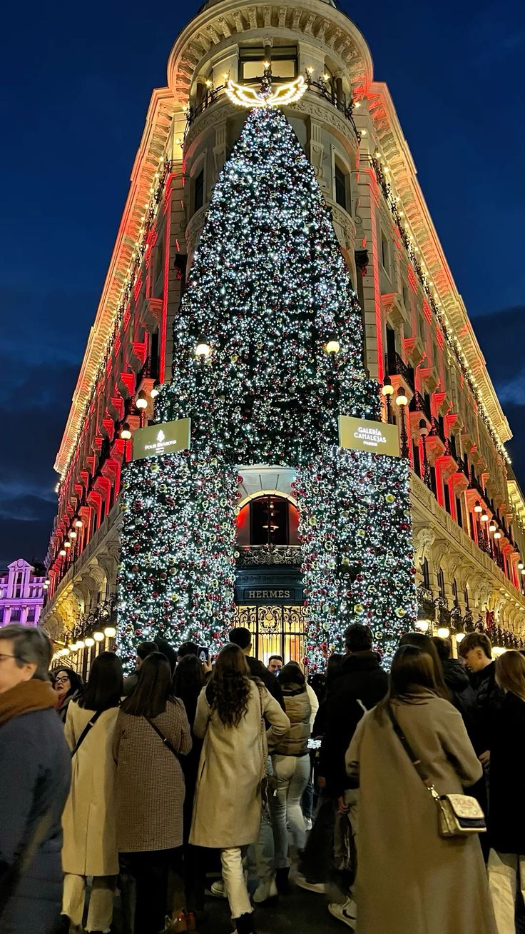 A crowd gathers at night in front of a grand building decorated with an enormous, illuminated Christmas tree that covers the entire facade, surrounded by festive lights and upscale shops.