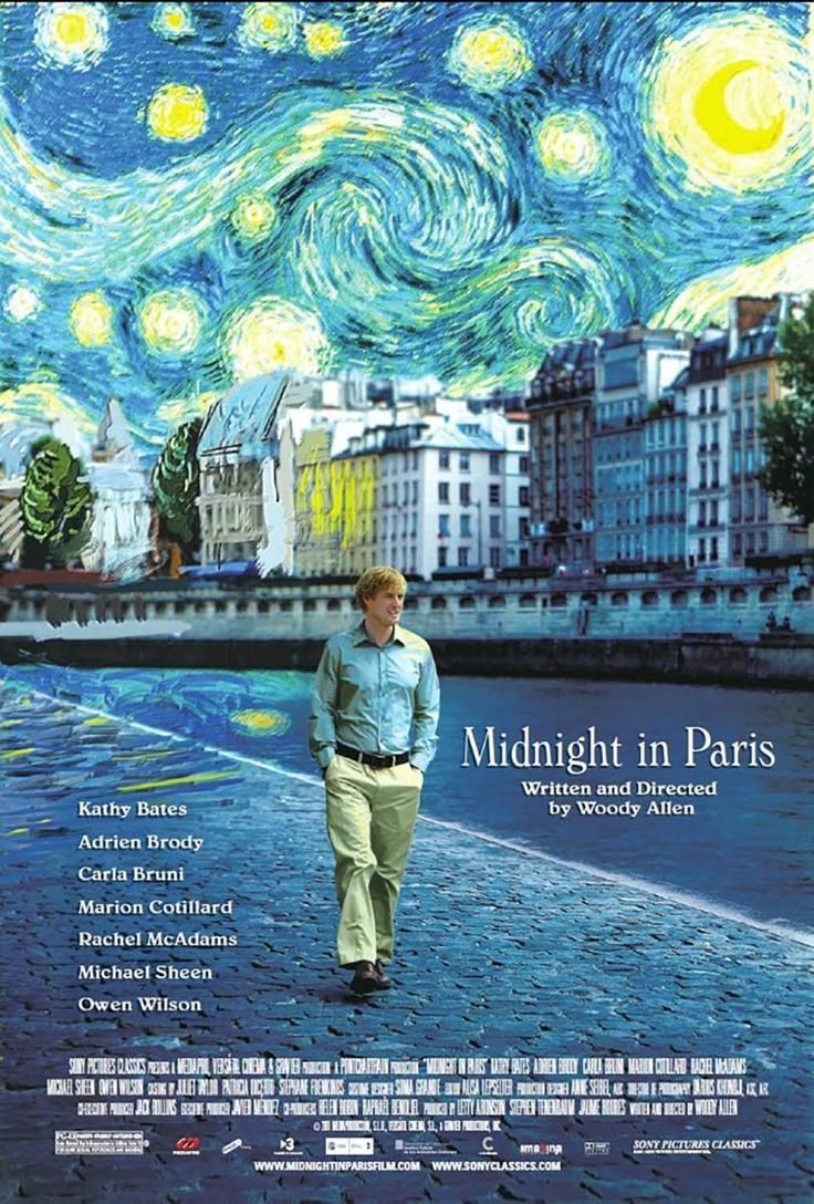 A man walks alone on a Paris street under a sky painted in the style of Van Gogh’s Starry Night. Buildings and a riverbank are in the background. Text reads Midnight in Paris and lists cast and credits.