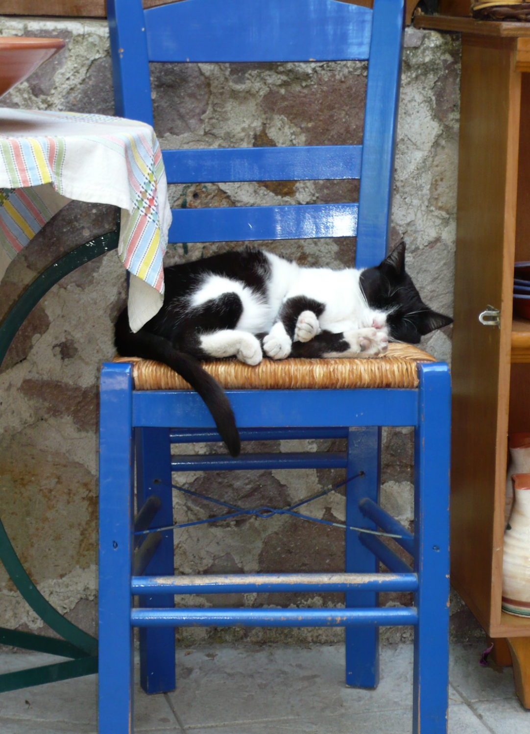 A black and white cat is curled up and sleeping on a woven seat of a bright blue wooden chair beside a table with a striped cloth, in front of a stone wall.