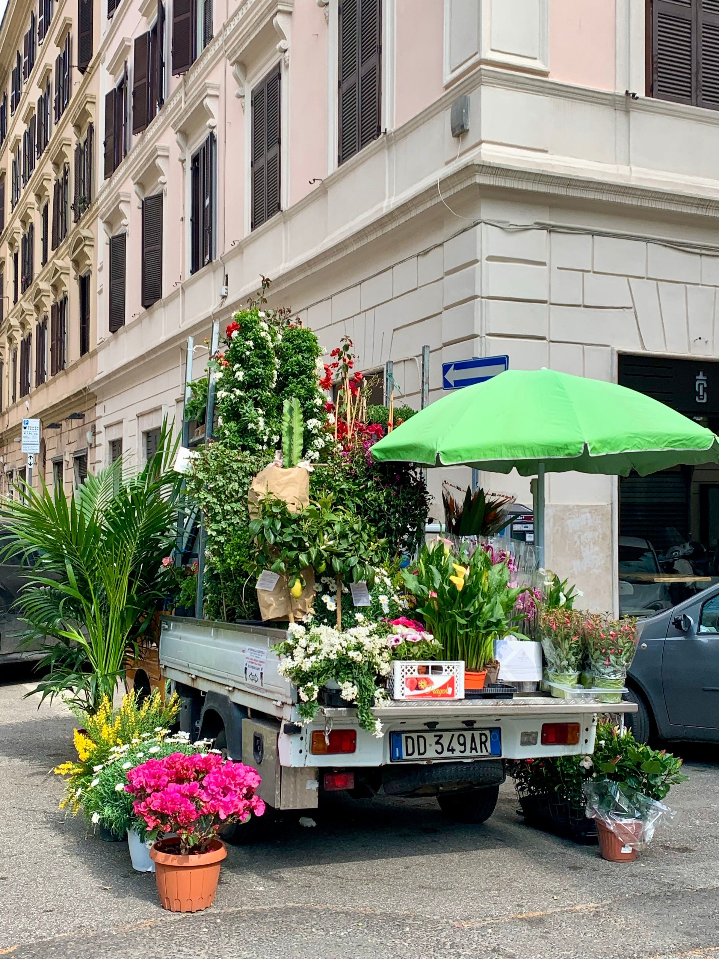 A small white truck parked on a street corner is filled with vibrant potted flowers and plants. An open green umbrella provides shade, and tall buildings line the background.