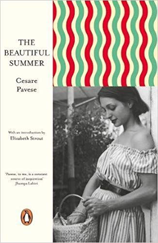 Book cover of The Beautiful Summer by Cesare Pavese, featuring a black-and-white photo of a woman in a striped dress standing outside, with a colorful wavy pattern at the top and orange Penguin logo at the bottom.
