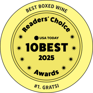 A yellow badge reads: BEST BOXED WINE Readers Choice USA TODAY 10BEST 2025 Awards #1. GRATSI in black text with star accents.