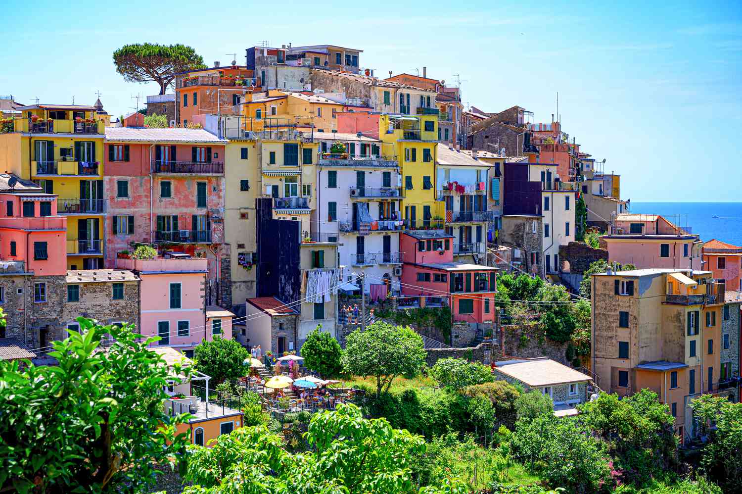 Colorful houses stacked closely on a hillside in Corniglia, Cinque Terre, Italy, with lush green vegetation in the foreground and blue sky above. Some laundry hangs from balconies.