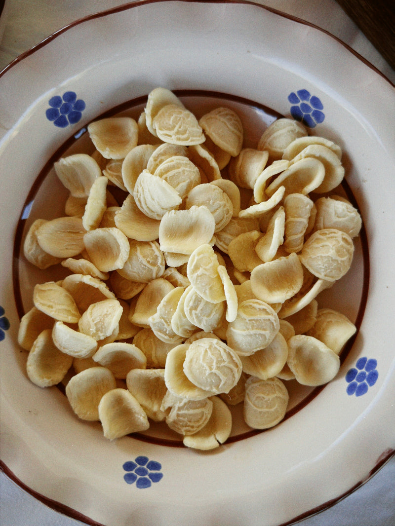 A close-up of a decorative plate with blue flower patterns, filled with uncooked orecchiette pasta.