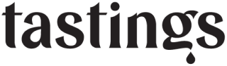The word tastings in bold, black, lowercase letters, with the tail of the letter g forming a drop shape beneath it, suggesting the idea of tasting or liquid.