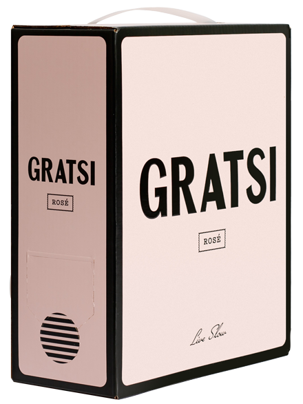 A box of GRATSI Rosé wine with minimalist pink and black packaging, featuring the brand name GRATSİ in large bold letters and Rosé written below.