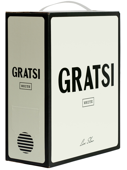 A box of Gratsi White wine with a minimalist cream and black design, featuring large bold text that reads GRATSI WHITE on the front and side. A circular spout is visible on the lower left corner.