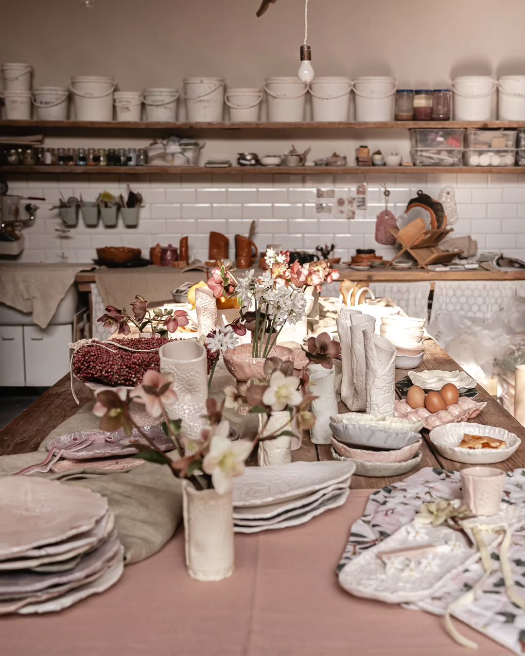 A rustic kitchen with open shelves holding jars and pottery. A wooden table is set with pastel ceramic plates, bowls, vases with flowers, linen napkins, eggs, and fruit, creating a cozy, inviting atmosphere.