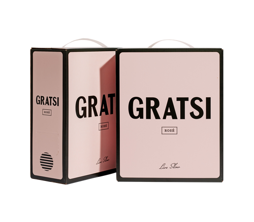 Two pink and black boxed wine containers labeled GRATSI ROSÉ with minimalist design and the phrase Live Slow at the bottom, shown on a plain white background.