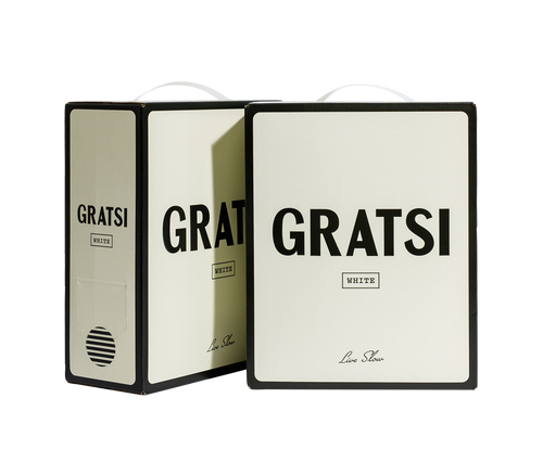 Two cream-colored boxes labeled GRATSI WHITE with minimalist black text and trim, standing against a white background. One box shows the front, the other displays the side with a circular spout.