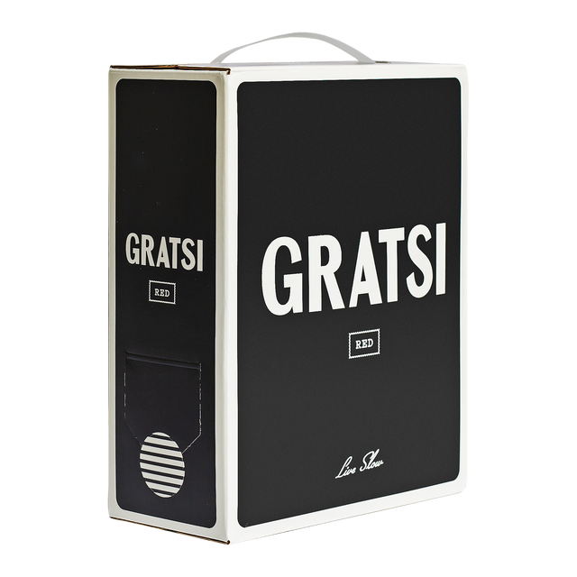 A black-and-white box labeled Gratsi Red by Gratsi, featuring a top handle and bottom dispenser—ideal for premium red wine enthusiasts seeking convenience.