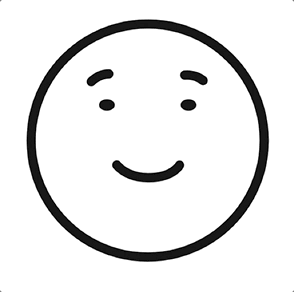A simple black and white line drawing of a smiling face with two curved eyebrows, two dot eyes, and a curved mouth inside a circle.