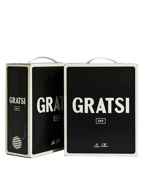 Two black and white boxed wine containers labeled GRATSI RED are shown, one facing forward and the other turned to display the side, both with white handles on top.
