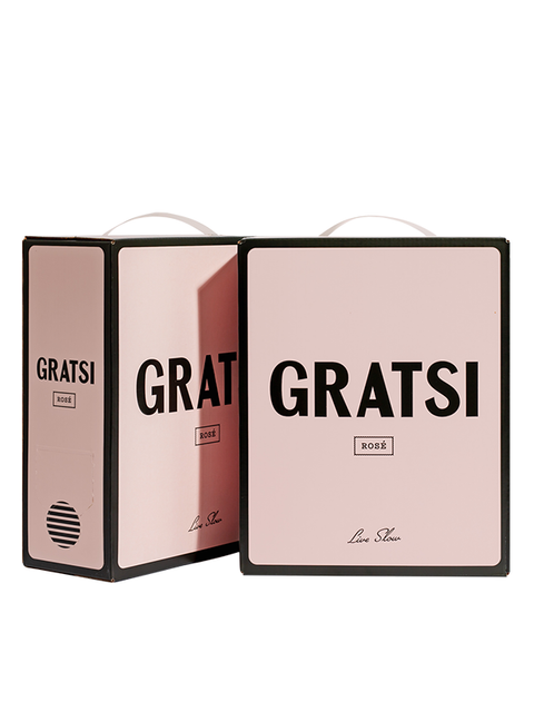 Two pink Gratsi Rosé wine boxes with black text, one facing forward and one turned slightly to the side, set against a white background.