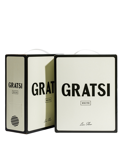 Two beige and black rectangular boxes labeled GRATSI WHITE with a handle on top, standing side by side. One box shows the front, and the other displays the side with a circular spout.