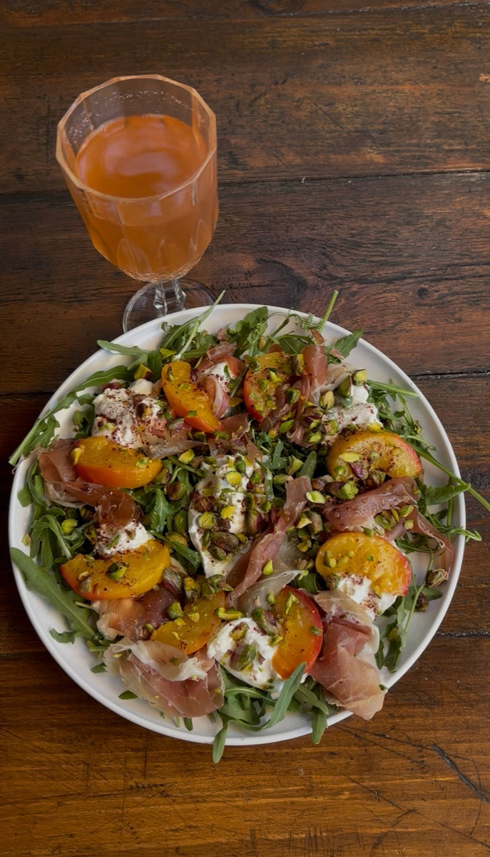 Poached Peach, Burrata & Prosciutto Salad with Sumac Dressing