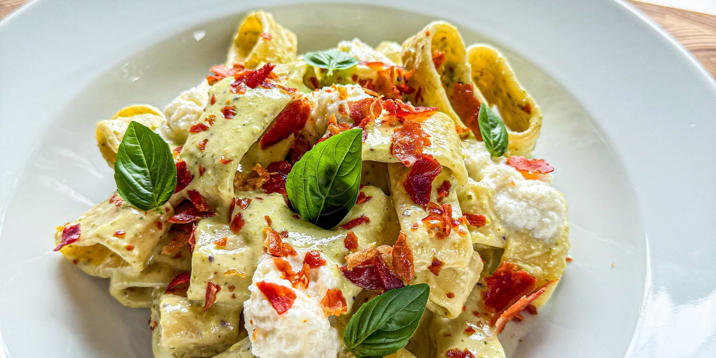 Creamy Pistachio Pasta with Burrata & Crispy Speck