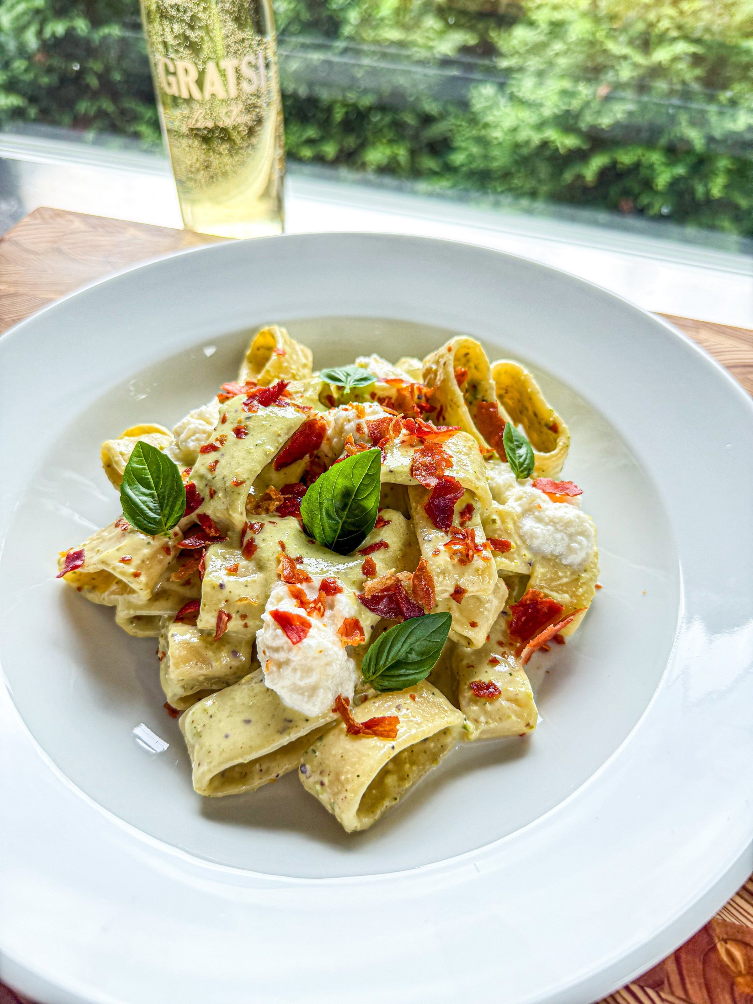 Creamy Pistachio Pasta with Burrata & Crispy Speck