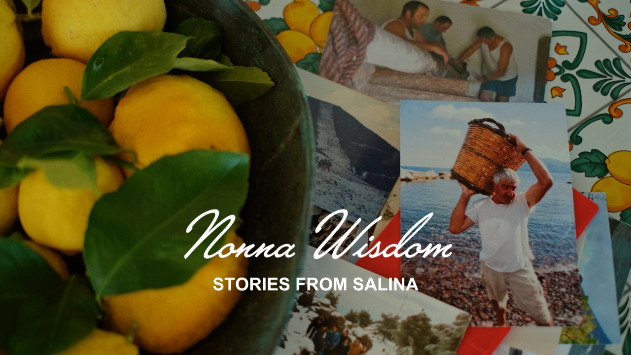 A bowl of lemons, old photos, and a man holding a basket by the sea with the text Nonna Wisdom: Stories from Salina overlayed on the image.