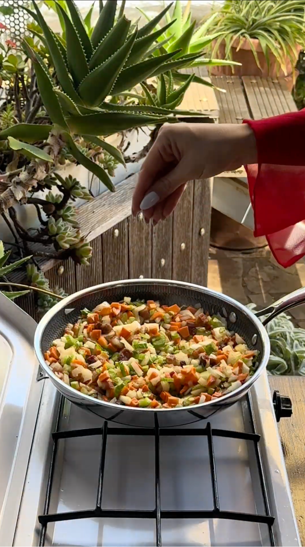 A hand sprinkles seasoning over a pan of diced vegetables cooking on a stove, surrounded by lush indoor plants.