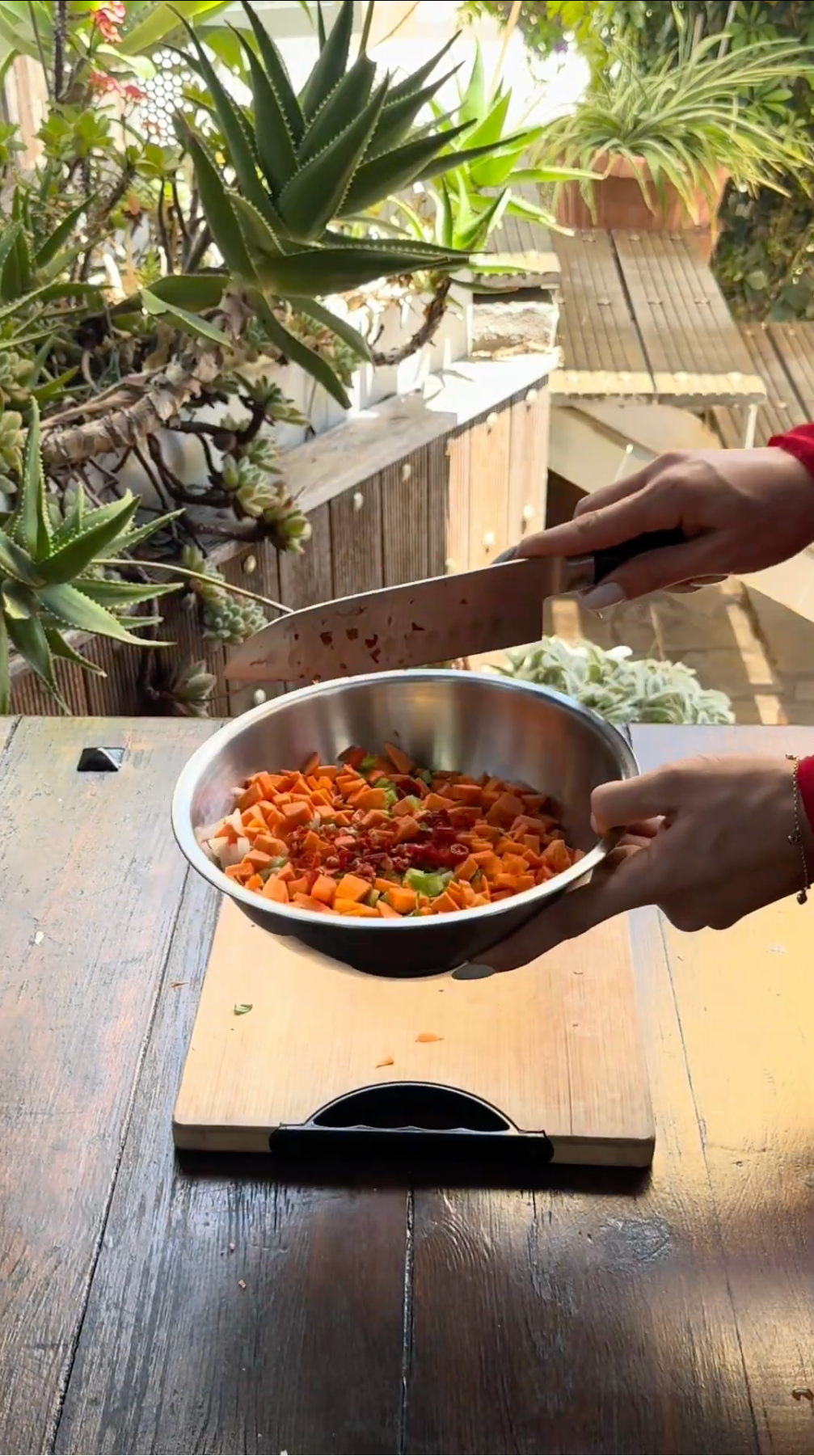A person holds a metal bowl filled with chopped vegetables, including carrots and green peppers, over a wooden cutting board on a table, with potted plants and greenery in the background.
