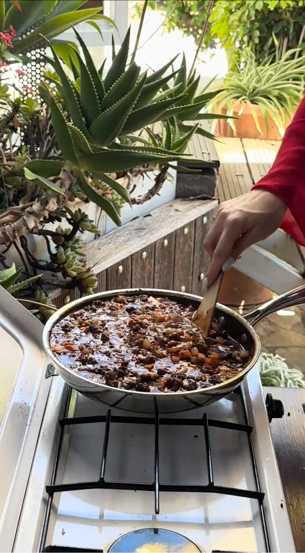A person stirring a pan of stew or sauce with vegetables on a gas stove, surrounded by lush green plants on a wooden patio outdoors.