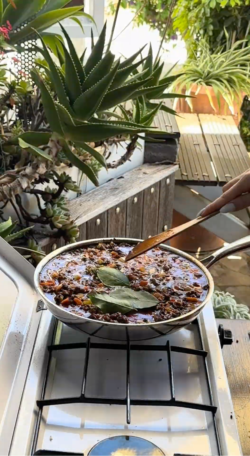 A large pan filled with stew and bay leaves simmers on a gas stove outdoors, surrounded by various green potted plants and natural wooden decking in the background.