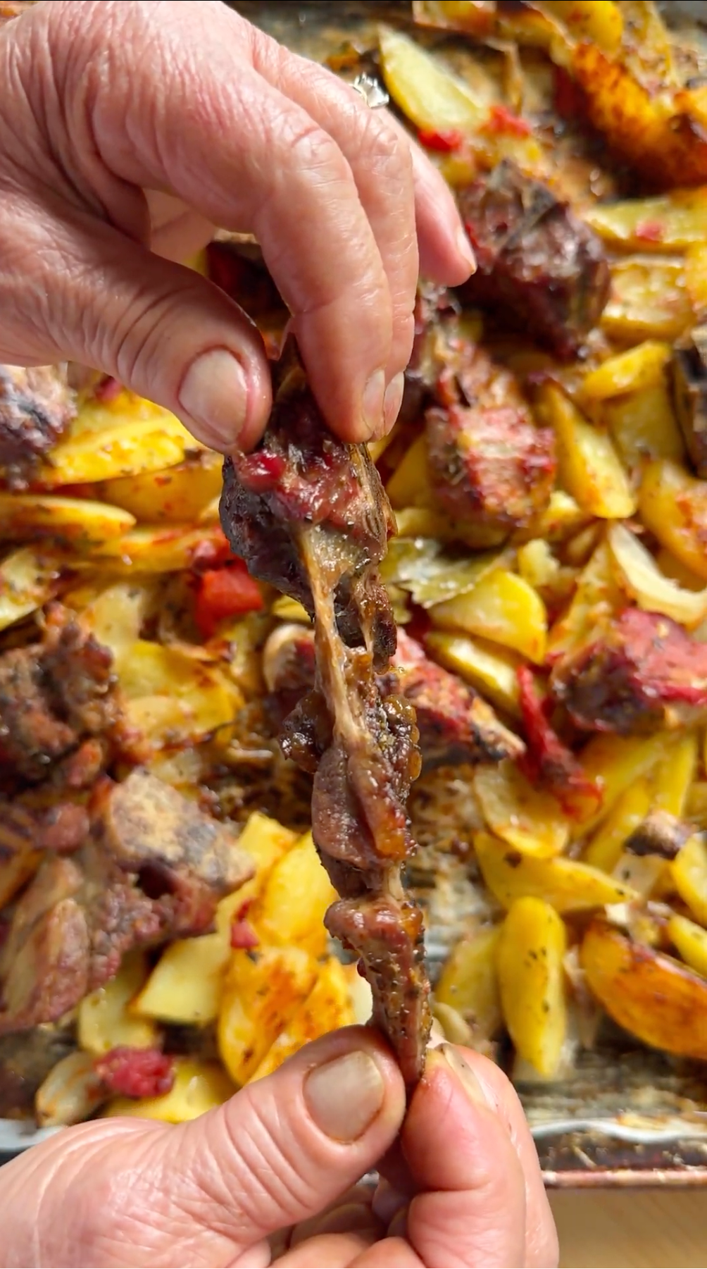 Close-up of hands pulling apart a piece of cooked meat over a tray filled with roasted potato wedges, red peppers, and other roasted vegetables. The scene suggests a hearty, home-cooked meal.