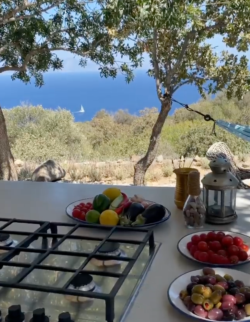 An outdoor kitchen with fresh vegetables and olives on plates, a stove, and a sea view with a sailboat in the distance. Trees and a hammock are visible under a sunny sky.