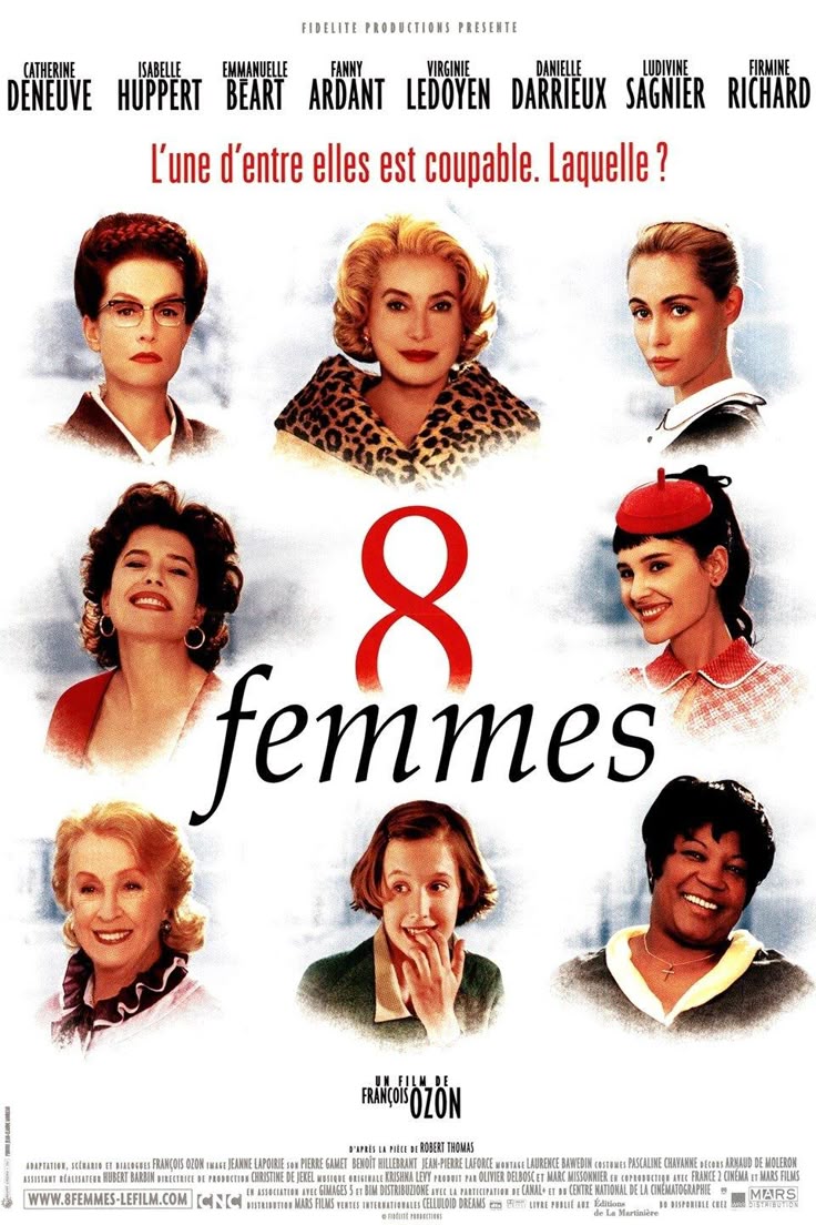 Movie poster for 8 Femmes featuring portraits of eight women arranged around a large red number 8, with French text above them and the cast and directors names listed.