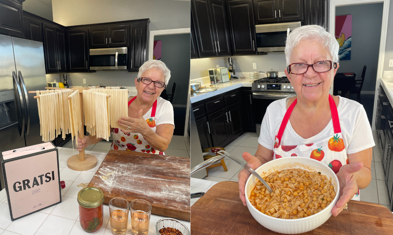 A smiling older woman in a kitchen prepares homemade pasta, hanging noodles to dry on a rack in one image and holding a large bowl of cooked pasta with sauce in the other.