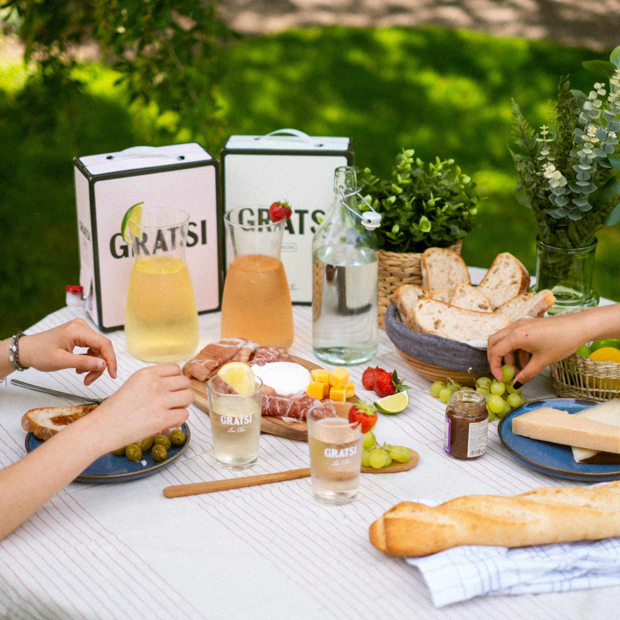 A picnic table with drinks, bread, cheese, olives, grapes, charcuterie, and glasses. Two people reach for food, surrounded by greenery and plants on a sunny day.