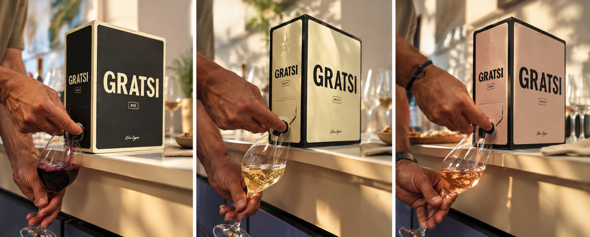 Three panels show hands pouring wine—red, white, and rosé—from different GRATS! boxed wines into glasses on a counter, with sunlight casting warm shadows in the background.