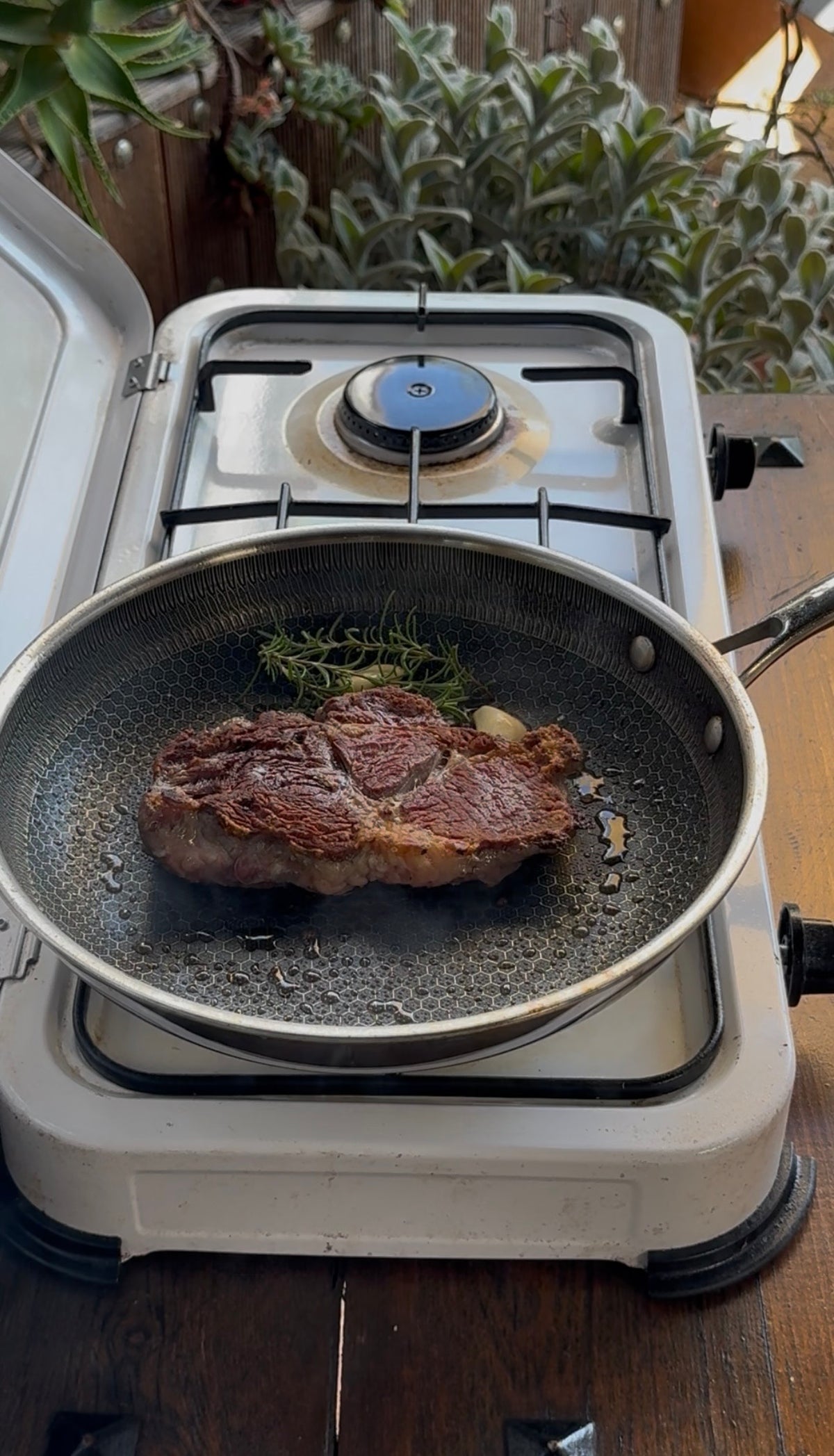 A steak searing in a frying pan on a portable gas stove with a sprig of rosemary and garlic cloves.