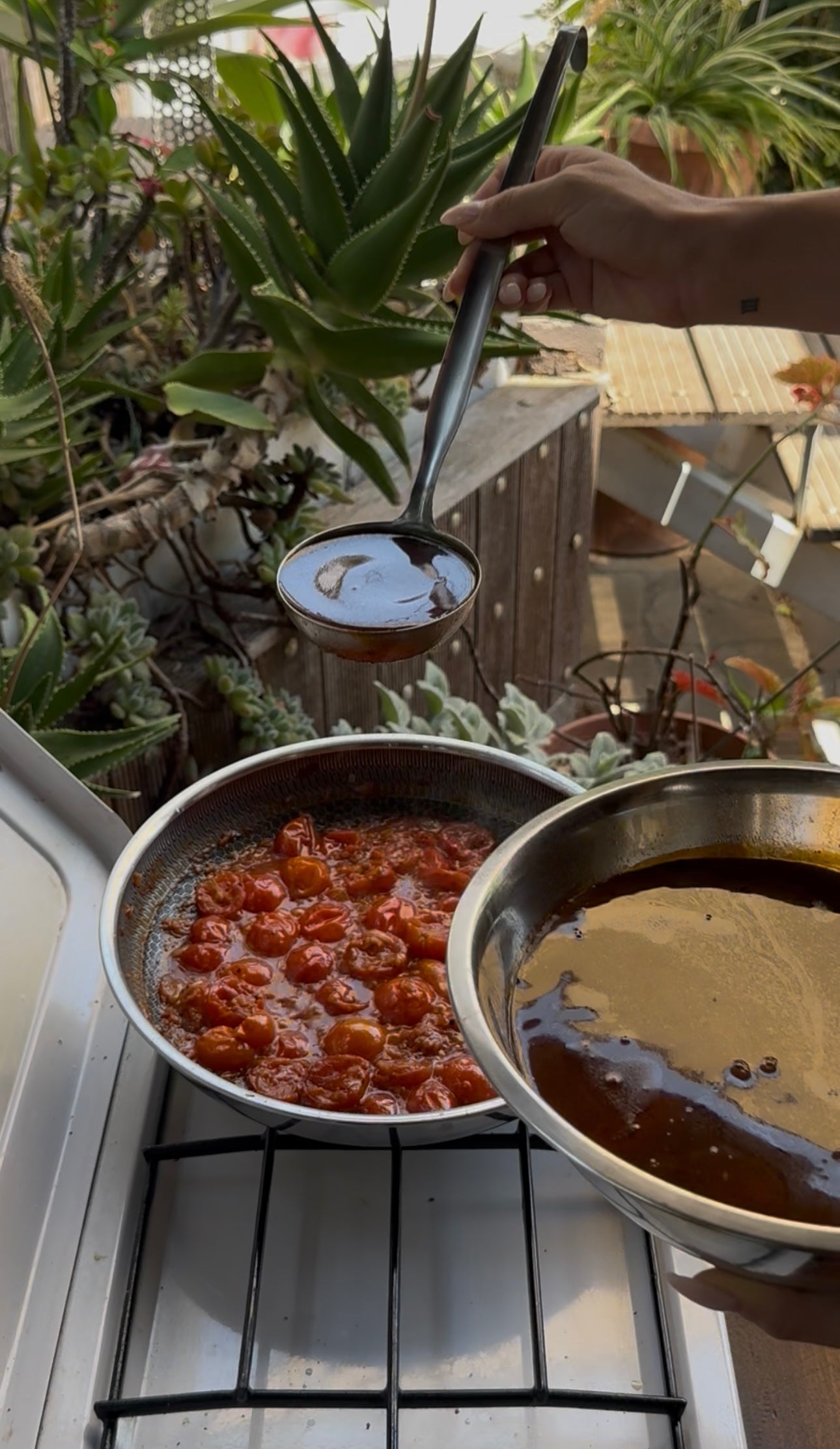 A hand holds a ladle with dark liquid above two bowls on a stove; one bowl contains tomato-based sauce, surrounded by potted plants and greenery on a balcony.