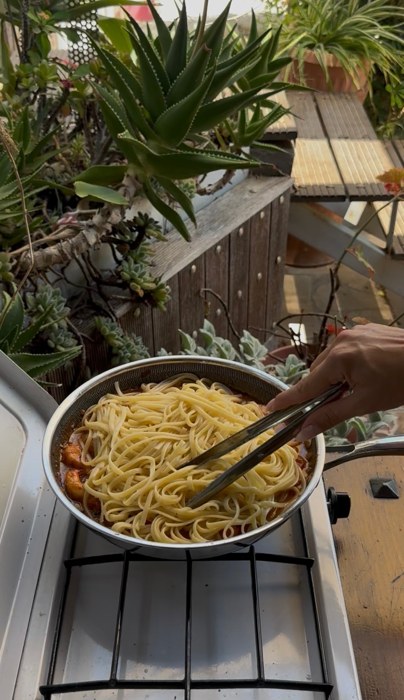 A hand uses tongs to mix spaghetti pasta with sauce in a pan on a stove, surrounded by various potted succulent plants in an outdoor setting.