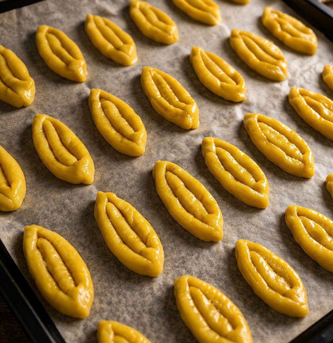 Rows of uncooked, yellow, oval-shaped dough pieces with a center indentation are arranged neatly on a baking tray lined with parchment paper, ready to be baked.