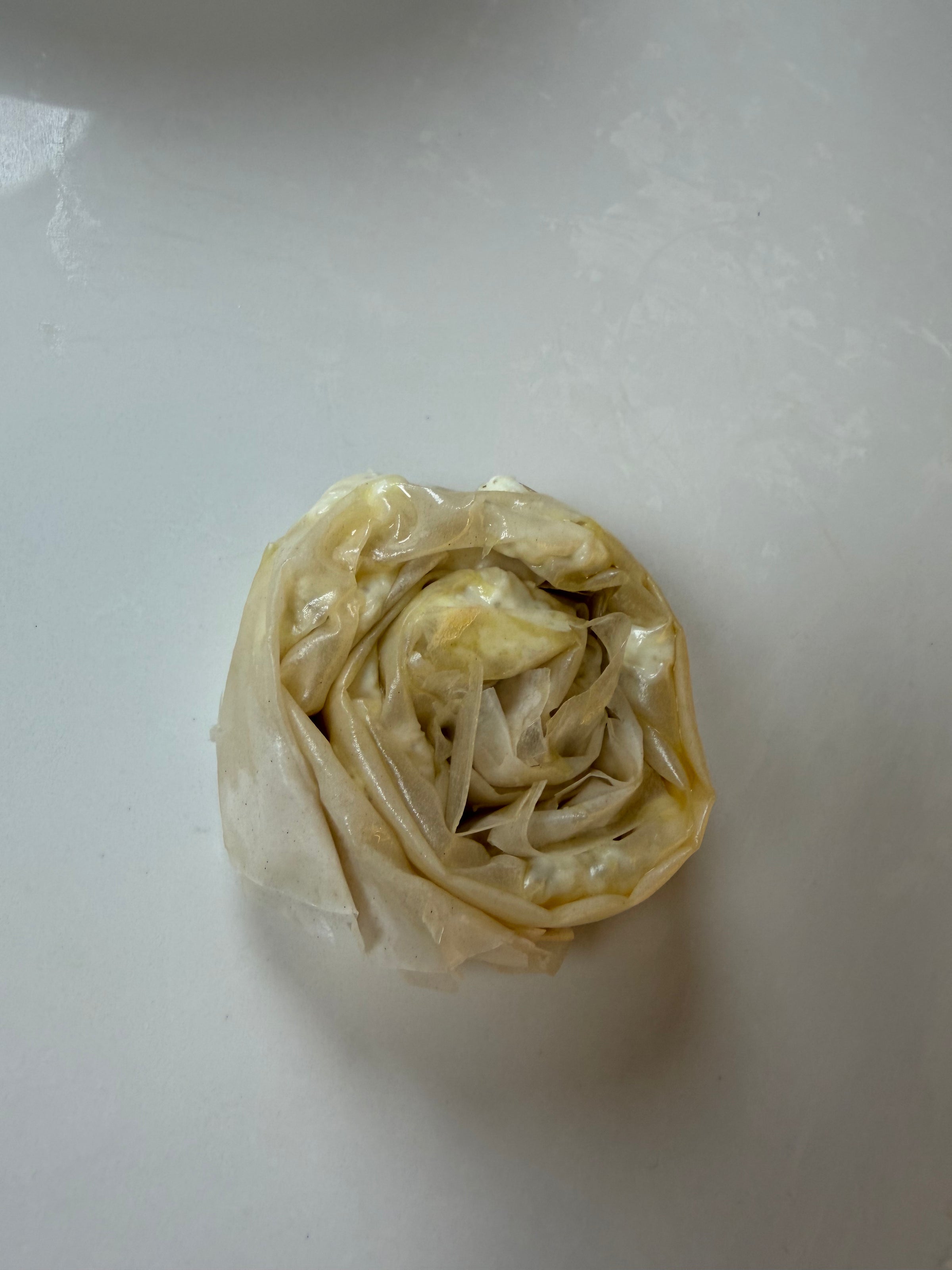 A close-up of a single piece of rolled, uncooked phyllo dough on a light surface, glistening slightly with oil or butter.