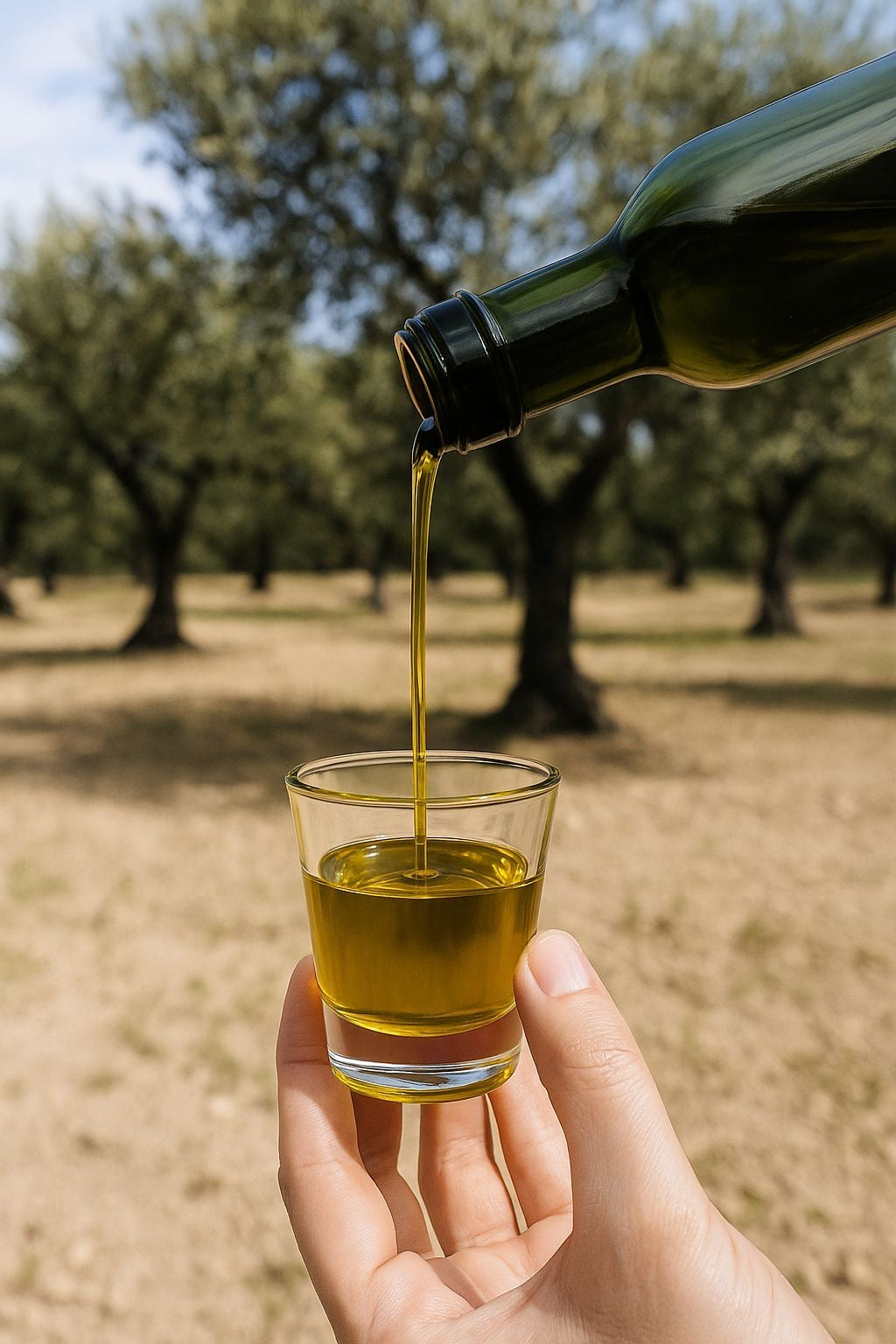 A hand holds a small glass as olive oil is poured into it from a dark green bottle, with olive trees and dry ground visible in the background.