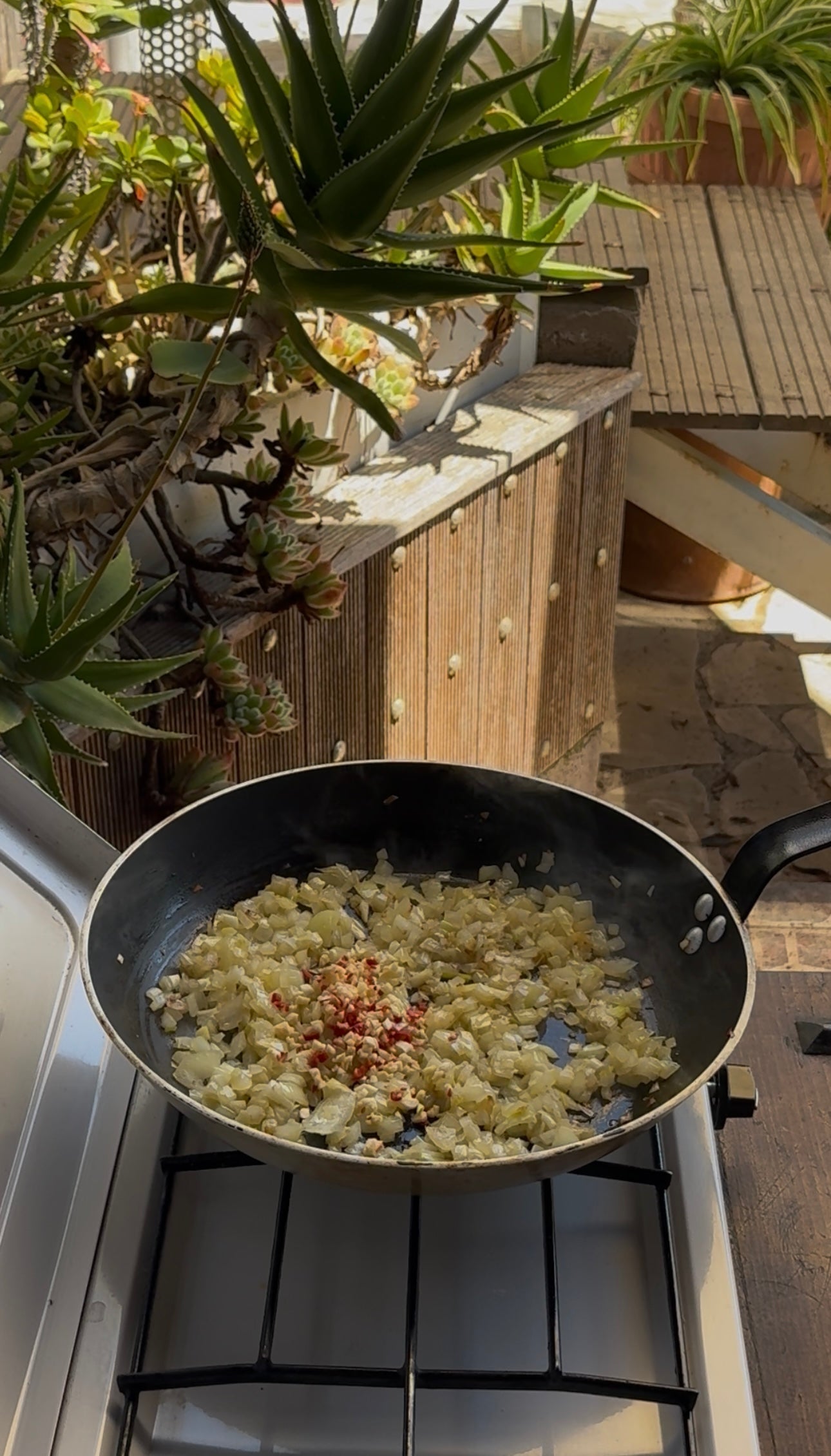 Chopped onions and red pepper flakes are sautéing in a black frying pan on a stove, with sunlight streaming in and green, leafy plants in the background.