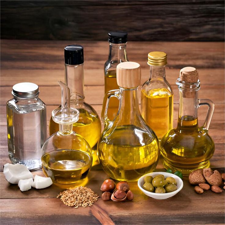 A selection of glass bottles filled with various cooking oils is arranged on a wooden surface, surrounded by ingredients like olives, coconut pieces, nuts, and seeds, with a small bowl of green olives in front.