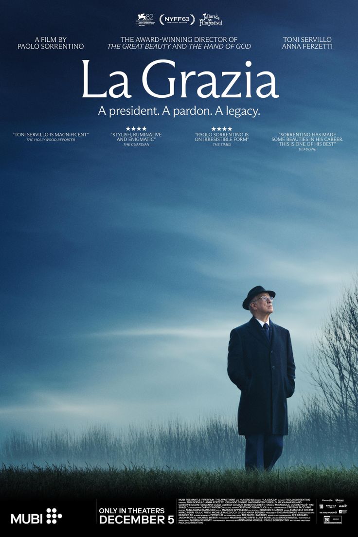 A man in a dark coat and hat stands in a field under a cloudy sky. The movie title La Grazia and tagline A president. A pardon. A legacy. appear above him on the film poster.