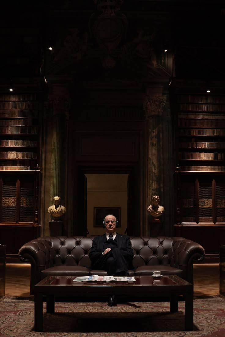An older man in a suit sits with folded arms on a brown leather sofa in a dimly lit, grand library with tall bookshelves, statues, and a wooden coffee table holding newspapers and a glass of water.