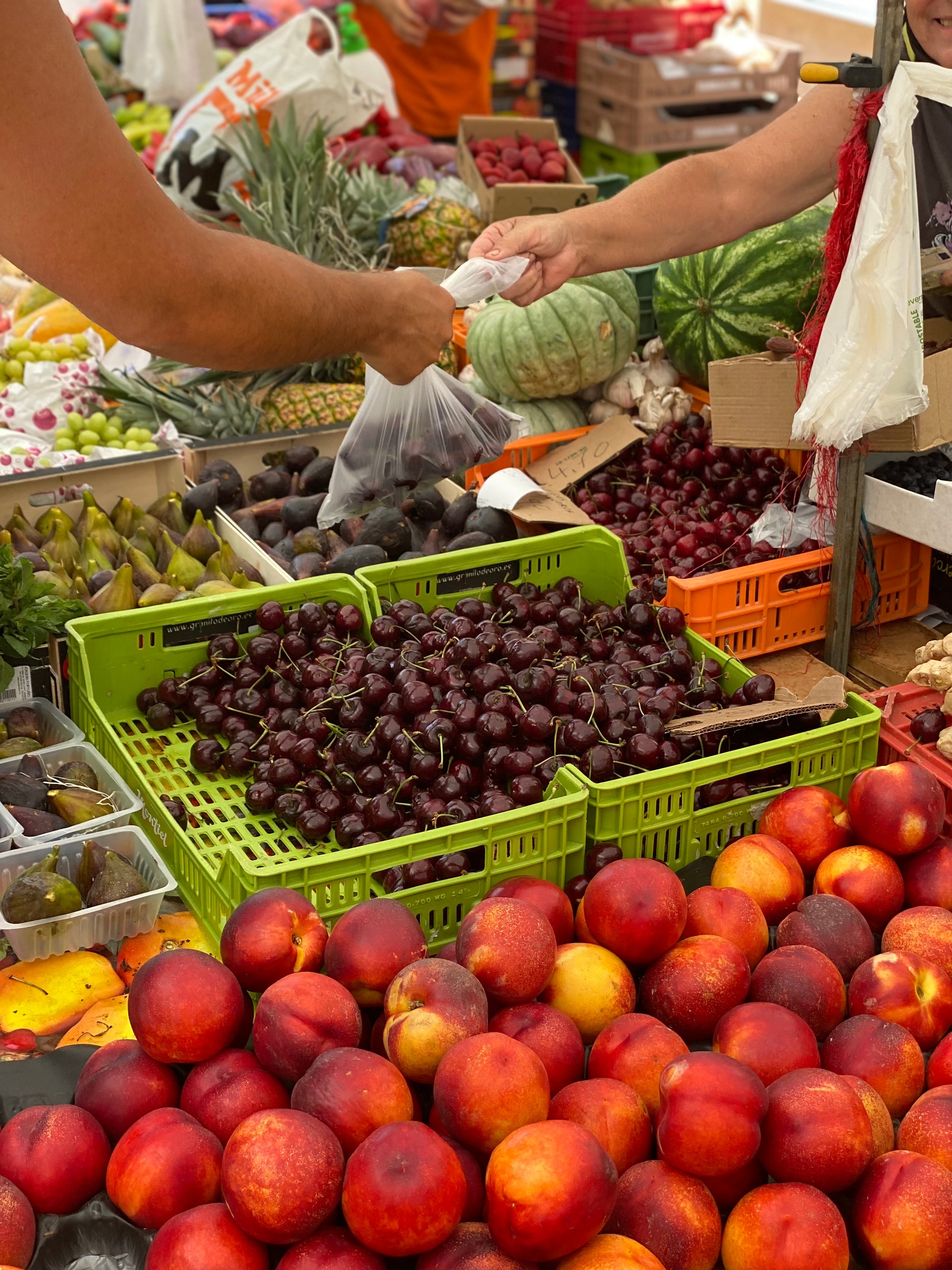 A close-up of a vibrant market stall with fresh fruit, including cherries, peaches, figs, and a watermelon. Two people exchange a bag of fruit over the display.
