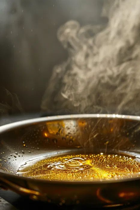 Golden oil sizzles and bubbles in a frying pan, with steam rising above the hot surface, indicating high heat and active cooking in progress.