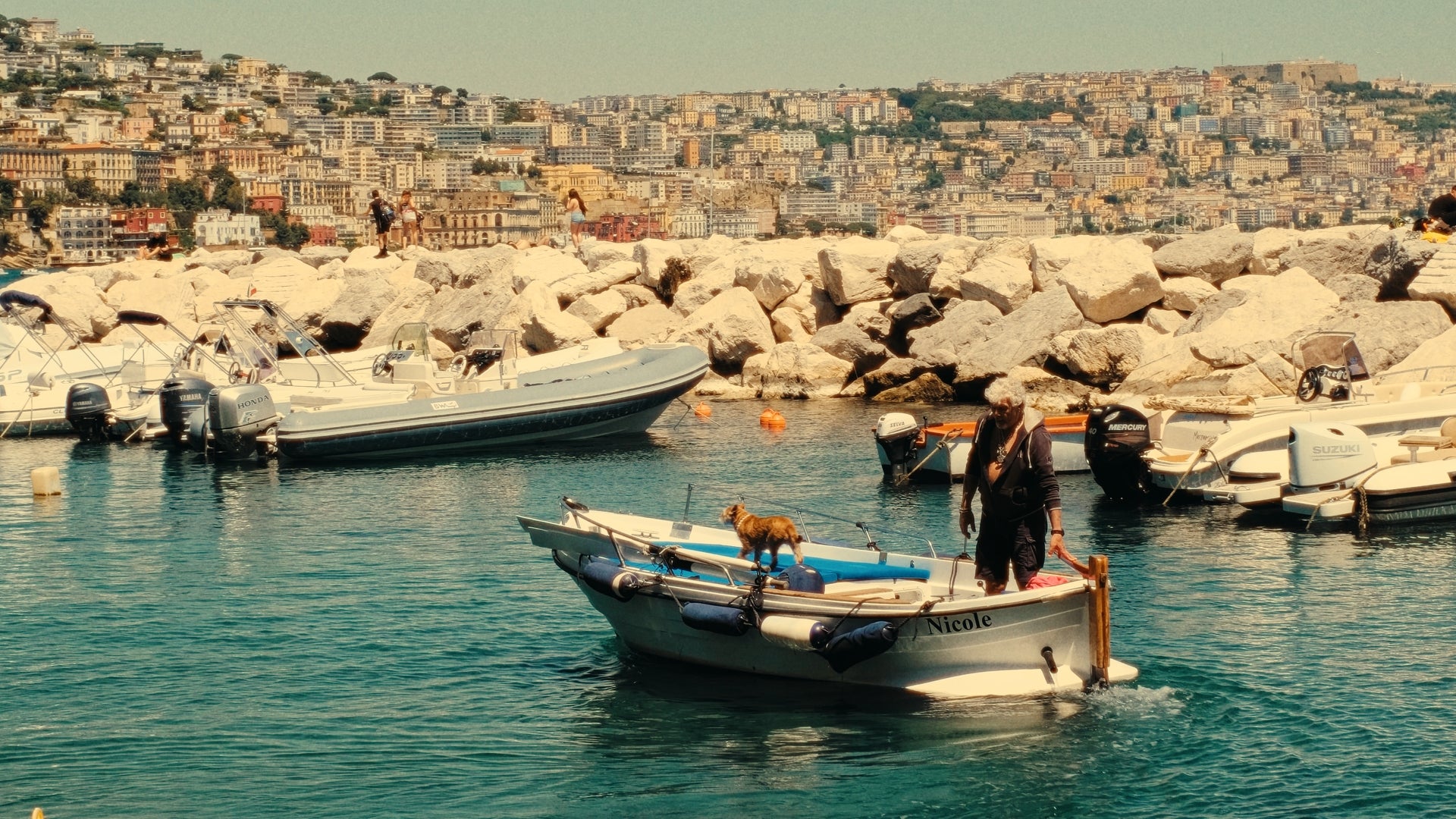 A person and a dog stand on a small boat named Nicole in a marina, with other boats, rocky breakwaters, and a densely built hillside city in the background under a clear sky.