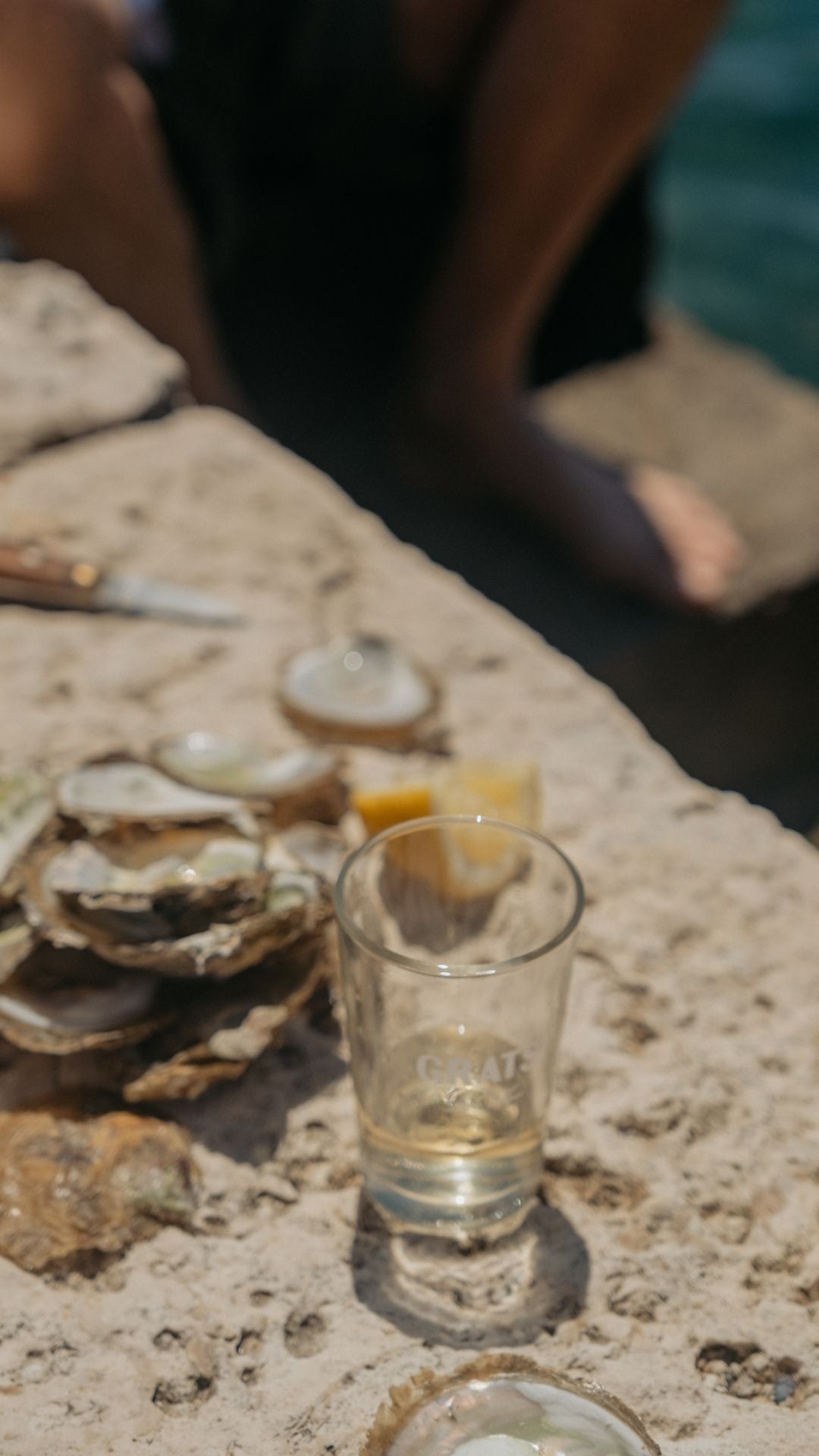 A glass of clear liquid sits on a stone surface next to opened oyster shells and a lemon wedge, with a blurred figure and water in the background.