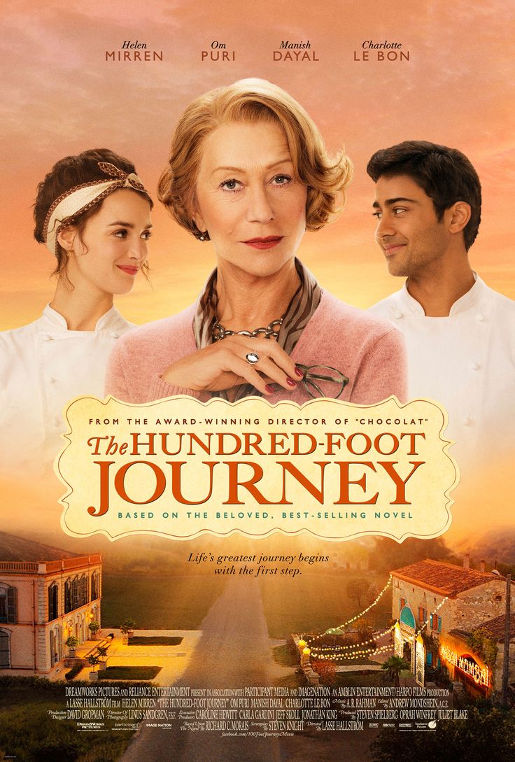 Movie poster for The Hundred-Foot Journey featuring Helen Mirren in the center, with two chefs on either side. A sunset-lit village and two restaurants are shown at the bottom. Title and credits are displayed prominently.