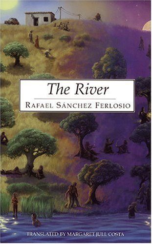 Book cover for The River by Rafael Sánchez Ferlosio, showing people and animals scattered across a grassy hillside with trees, a house, and a sky blending from day to night. Translated by Margaret Jull Costa.